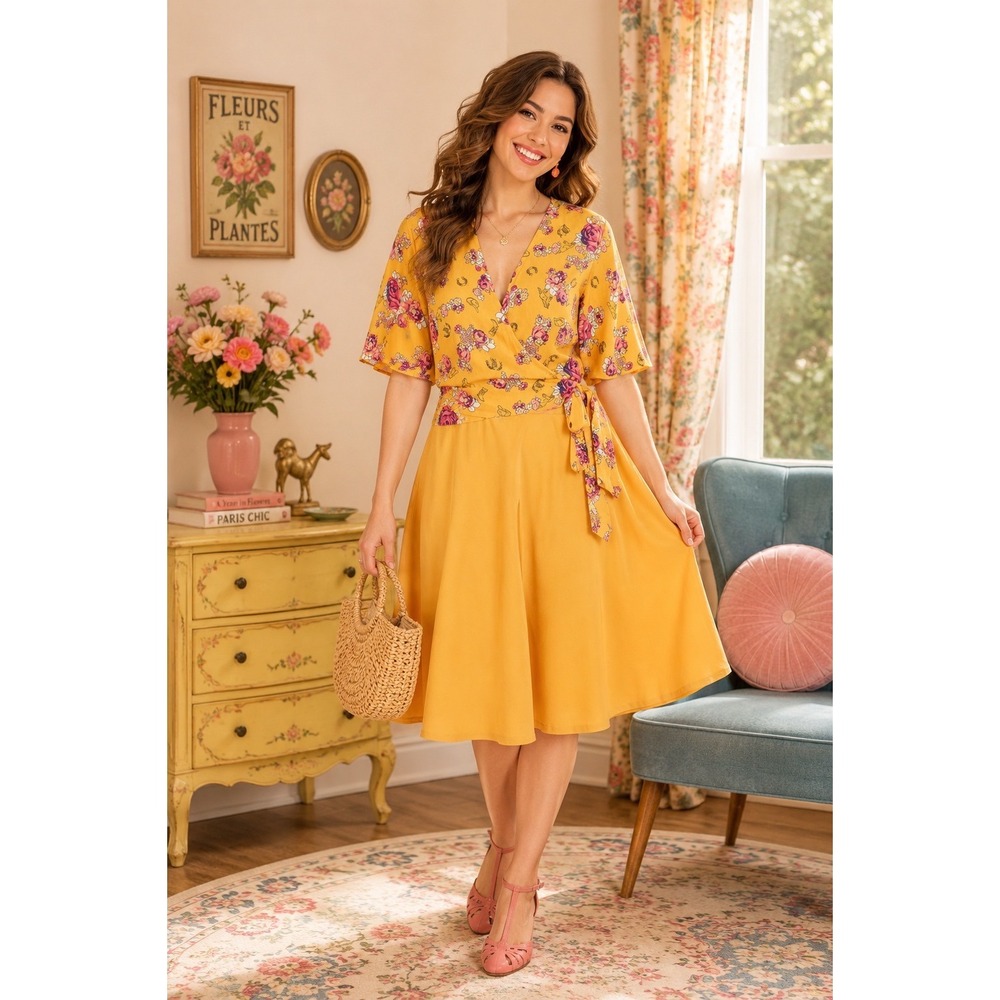 ModCloth Wrap Top Women Medium Yellow Floral BEST IS YET TO COME